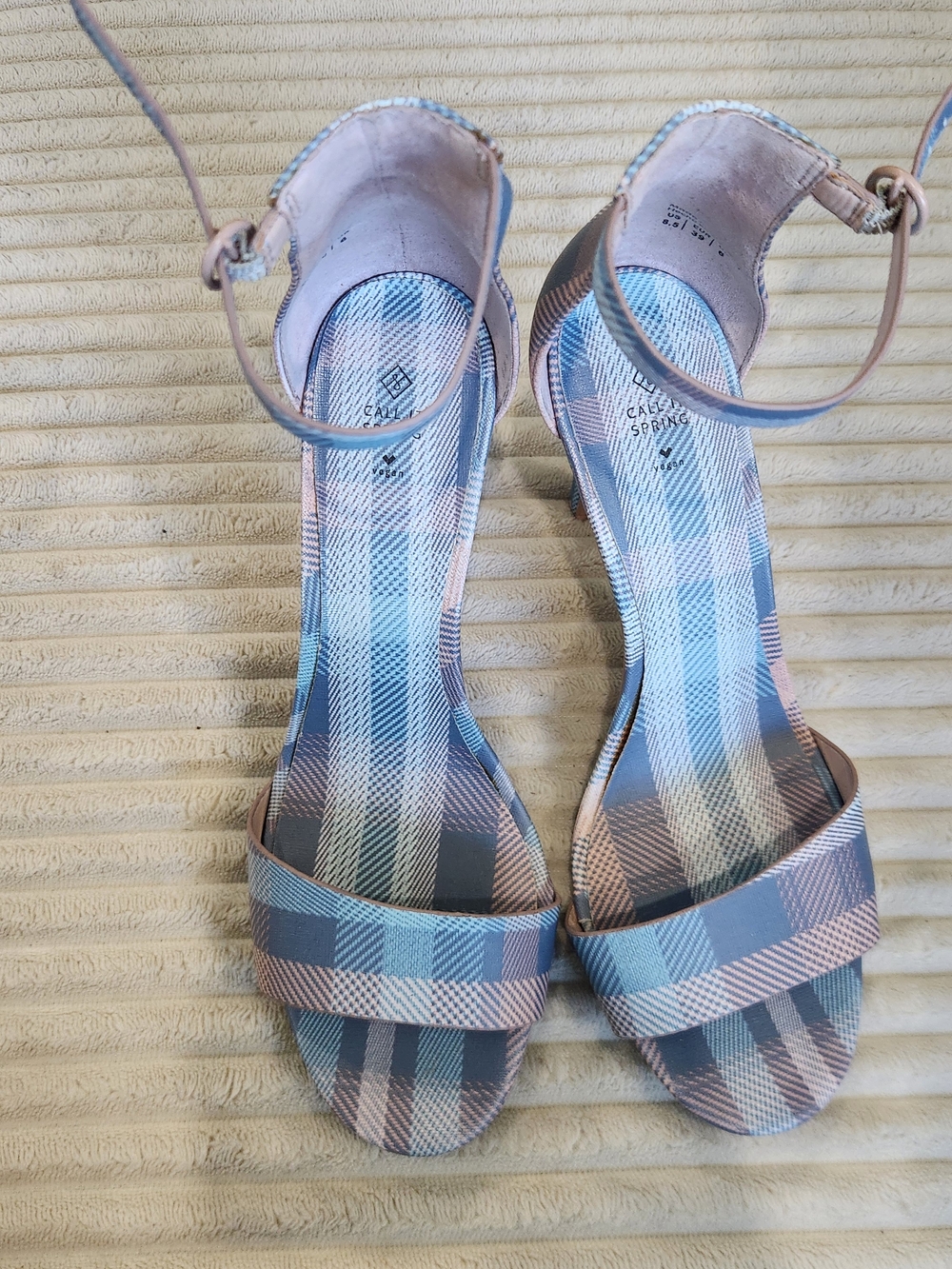 Call It Spring Blue and Pink Plaid Ankle-Strap Heels